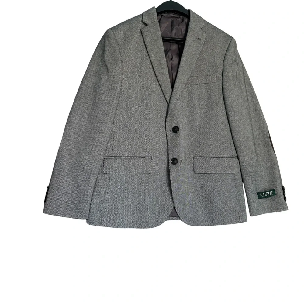 Lauren Ralph Lauren Blazer Boy 14R Gray Herringbone Brown Elbow Patch Sport Coat